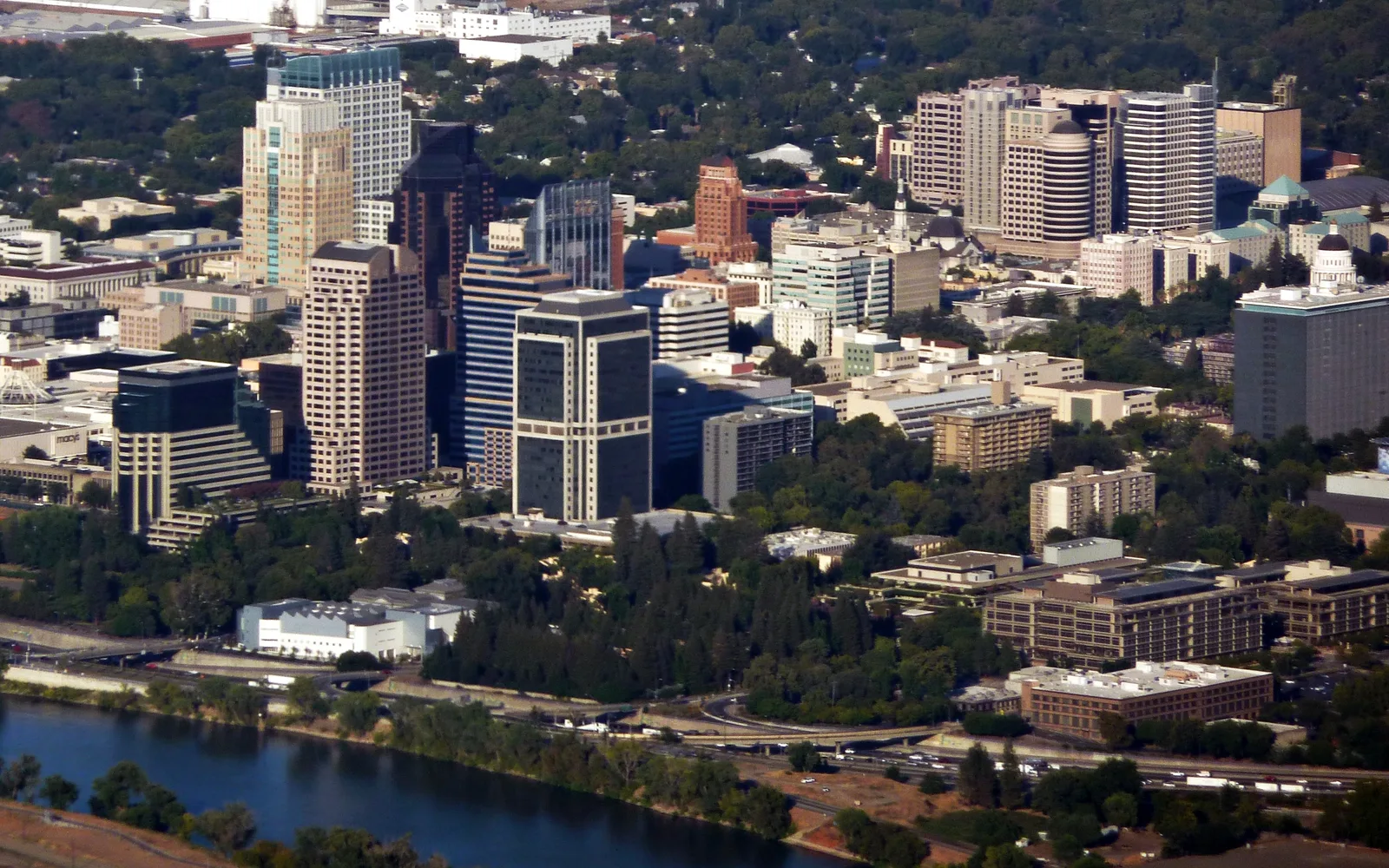 Aerial view of Sacramento skyline showing downtown buildings and city development
